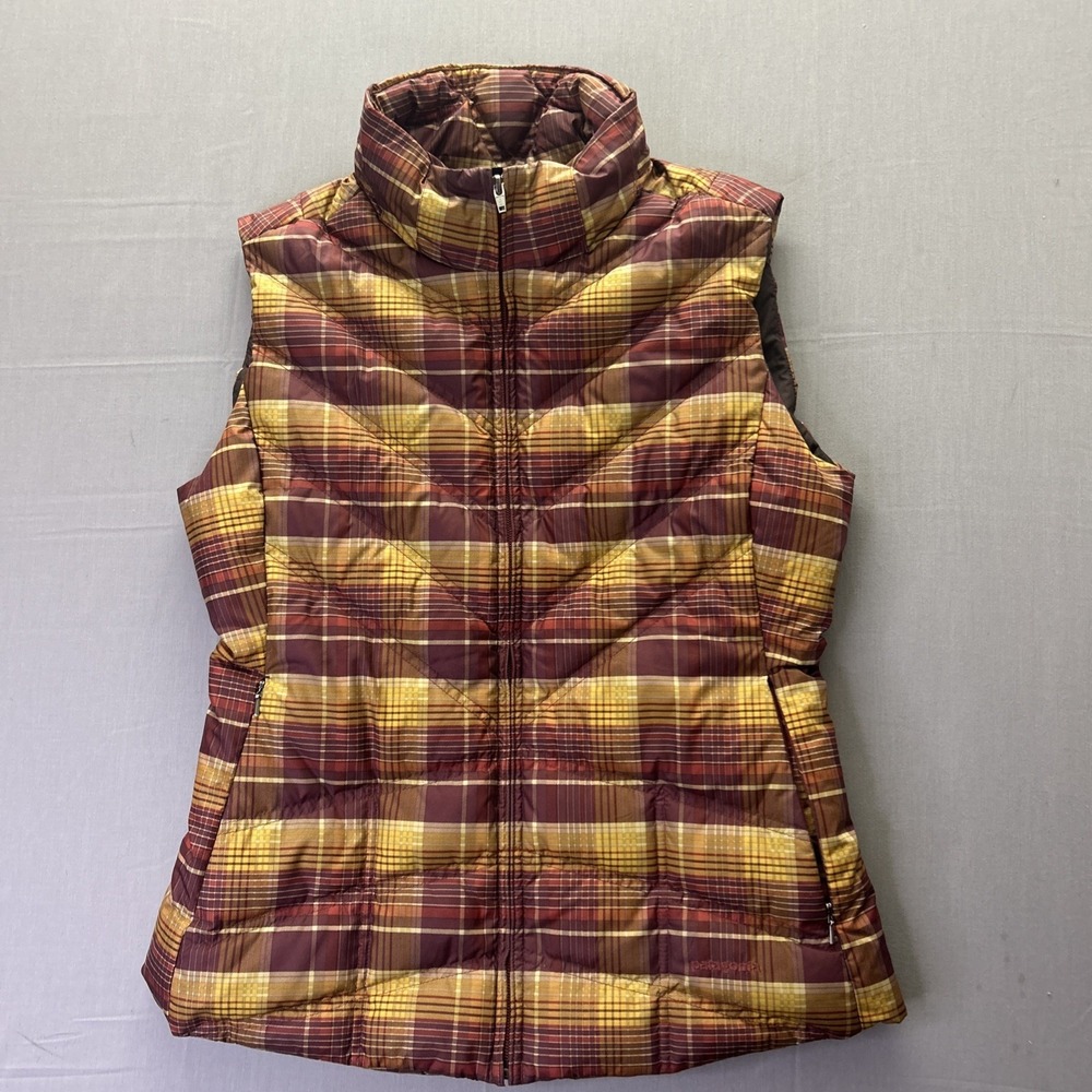 Patagonia Plaid Puffer Insulated Goose Down Vest Purple Brown Pink Womens Medium